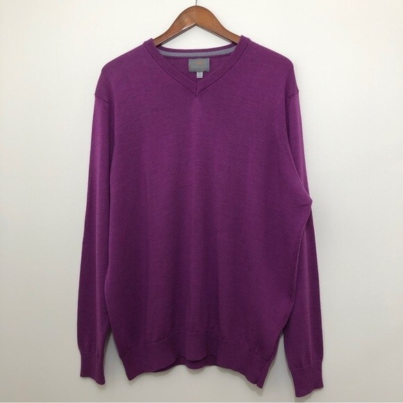 Thomas Dean Sweater Mens XL Purple Extrafine Merino Wool Blend V Neck - Picture 1 of 12